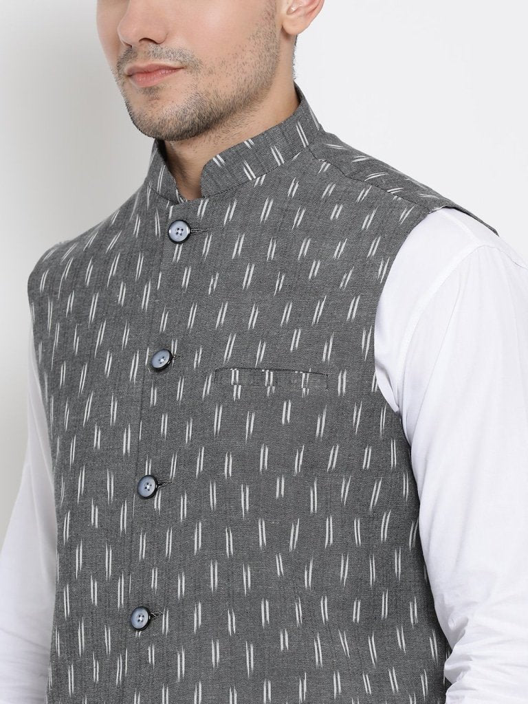 Men's White Cotton Kurta, Ethnic Jacket and Pyjama Set