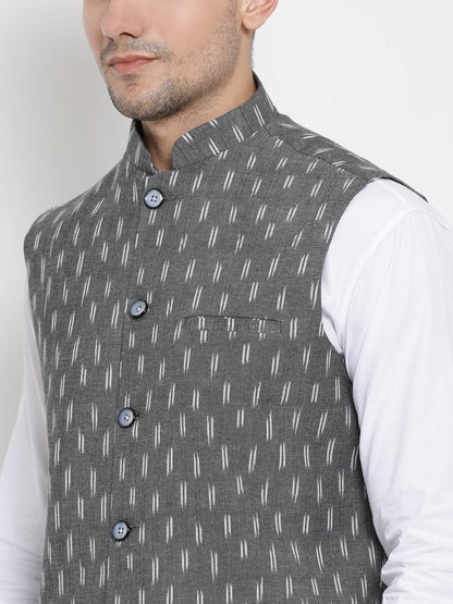 Men's White Cotton Kurta, Ethnic Jacket and Pyjama Set