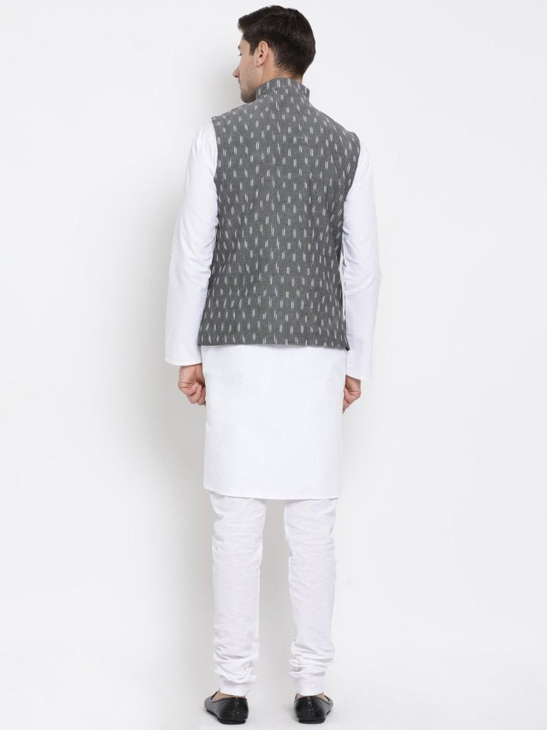 Men's White Cotton Kurta, Ethnic Jacket and Pyjama Set