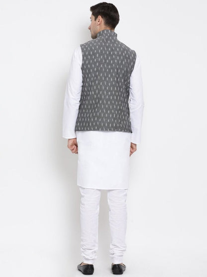 Men's White Cotton Kurta, Ethnic Jacket and Pyjama Set