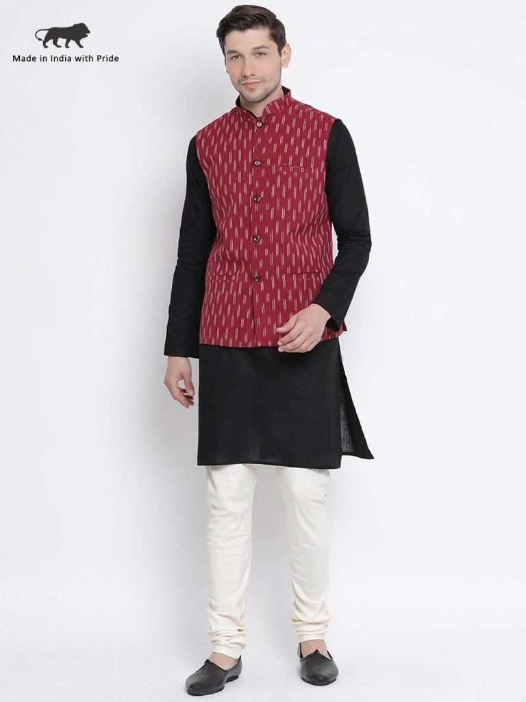 Men's Black Cotton  Kurta, Ethnic Jacket and Pyjama Set