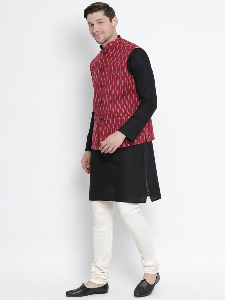Men's Black Cotton  Kurta, Ethnic Jacket and Pyjama Set