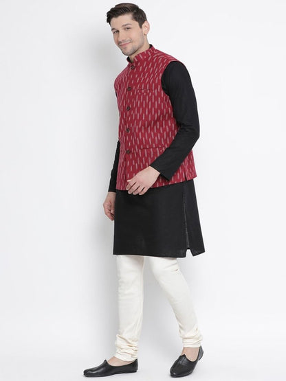 Men's Black Cotton  Kurta, Ethnic Jacket and Pyjama Set