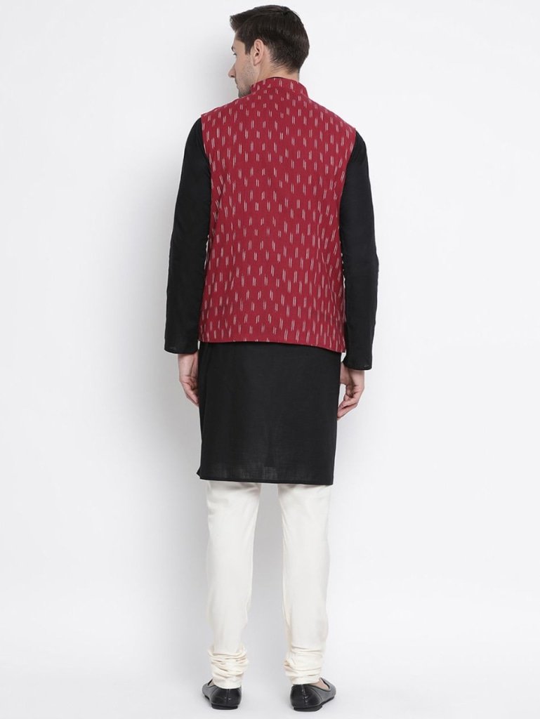 Men's Black Cotton  Kurta, Ethnic Jacket and Pyjama Set