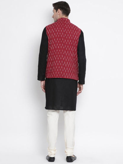 Men's Black Cotton  Kurta, Ethnic Jacket and Pyjama Set