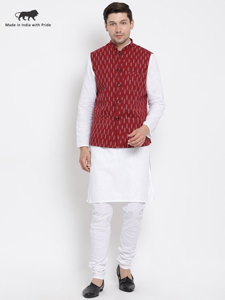 Men's White Cotton Kurta, Ethnic Jacket and Pyjama Set