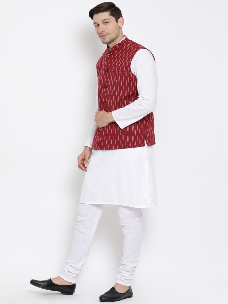 Men's White Cotton Kurta, Ethnic Jacket and Pyjama Set