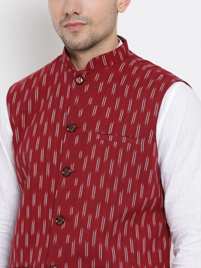 Men's White Cotton Kurta, Ethnic Jacket and Pyjama Set