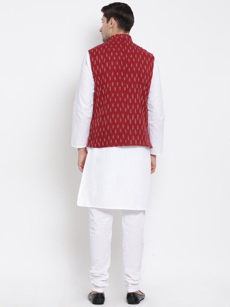 Men's White Cotton Kurta, Ethnic Jacket and Pyjama Set