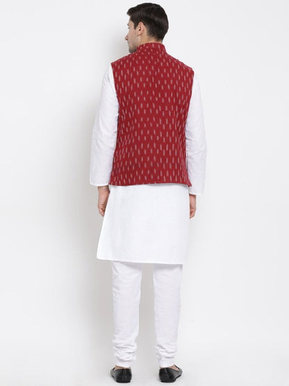 Men's White Cotton Kurta, Ethnic Jacket and Pyjama Set