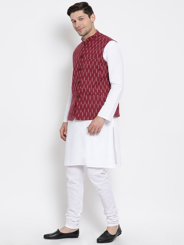 Men's White Cotton Kurta, Ethnic Jacket and Pyjama Set