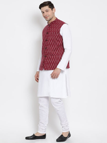 Men's White Cotton Kurta, Ethnic Jacket and Pyjama Set