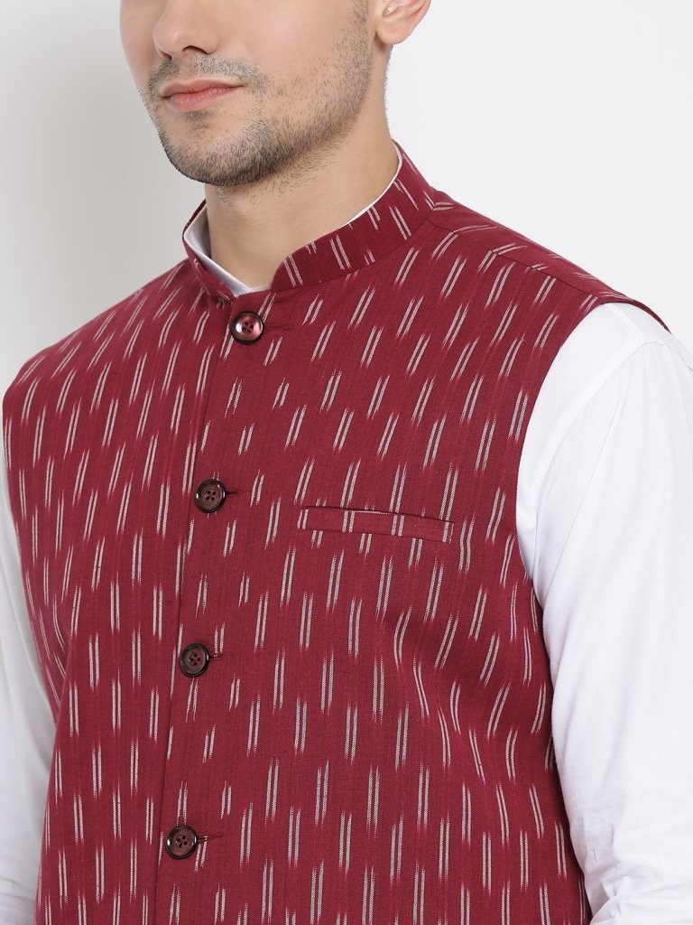 Men's White Cotton Kurta, Ethnic Jacket and Pyjama Set