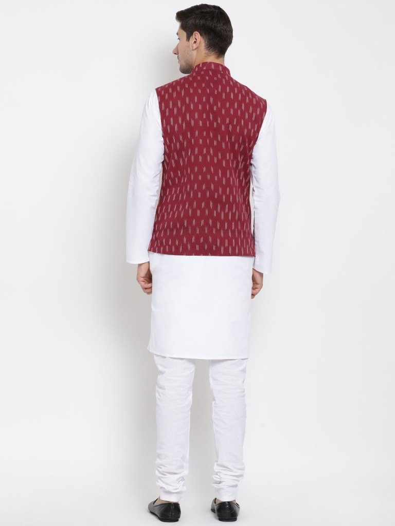 Men's White Cotton Kurta, Ethnic Jacket and Pyjama Set