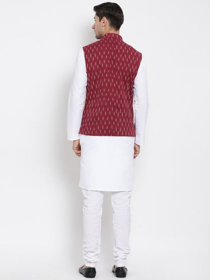 Men's White Cotton Kurta, Ethnic Jacket and Pyjama Set
