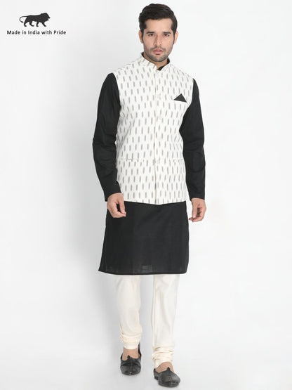 Men's Black Cotton  Kurta, Ethnic Jacket and Pyjama Set
