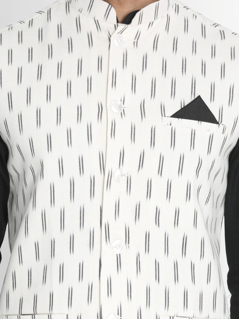 Men's Black Cotton  Kurta, Ethnic Jacket and Pyjama Set
