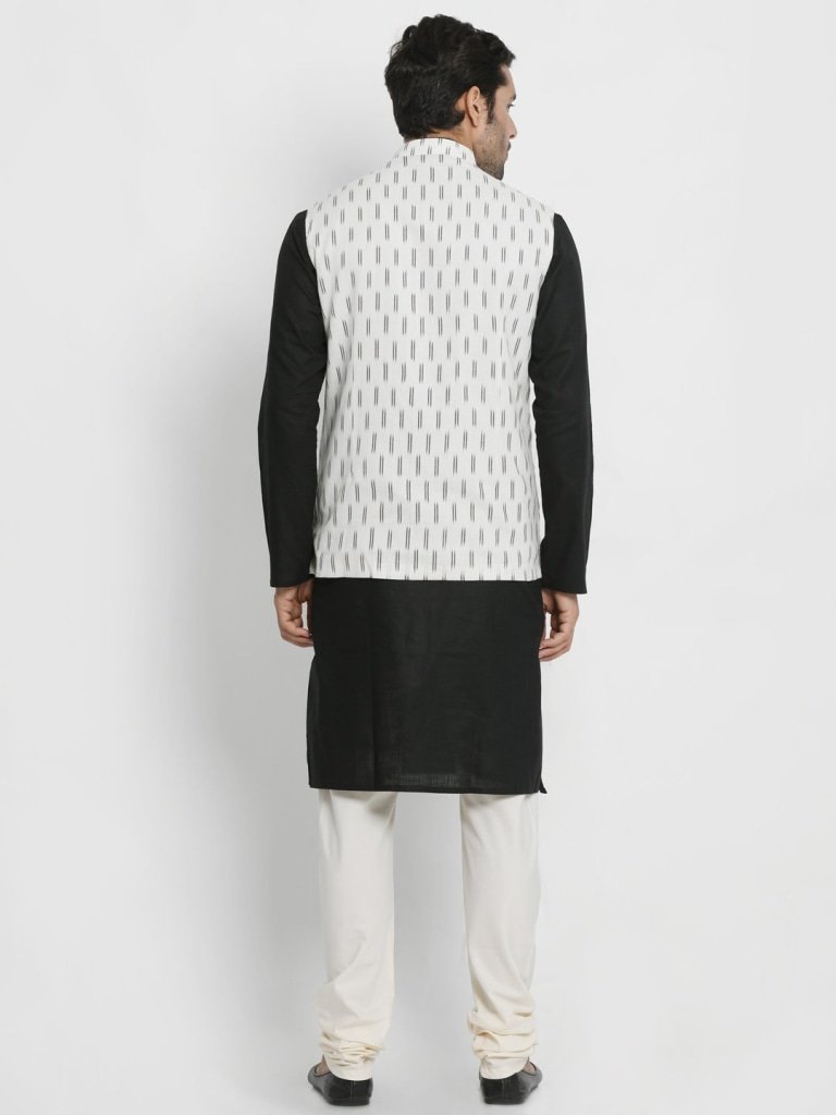 Men's Black Cotton  Kurta, Ethnic Jacket and Pyjama Set