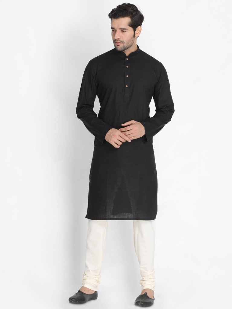 Men's Black Cotton  Kurta, Ethnic Jacket and Pyjama Set