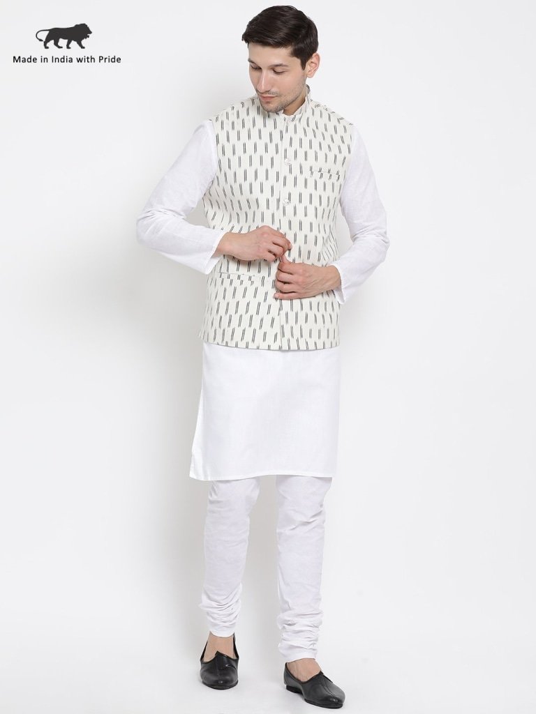 Men's White Cotton Kurta, Ethnic Jacket and Pyjama Set