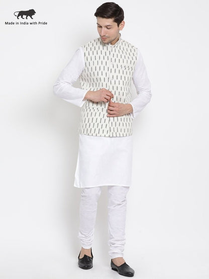 Men's White Cotton Kurta, Ethnic Jacket and Pyjama Set