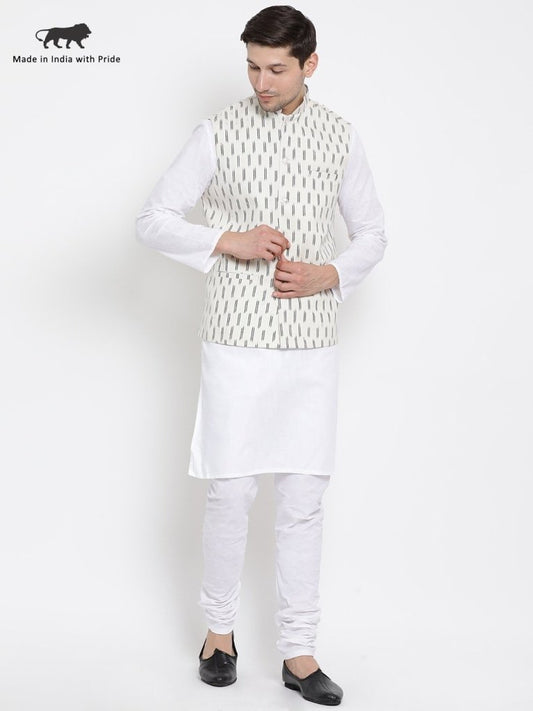 Men's White Cotton Kurta, Ethnic Jacket and Pyjama Set