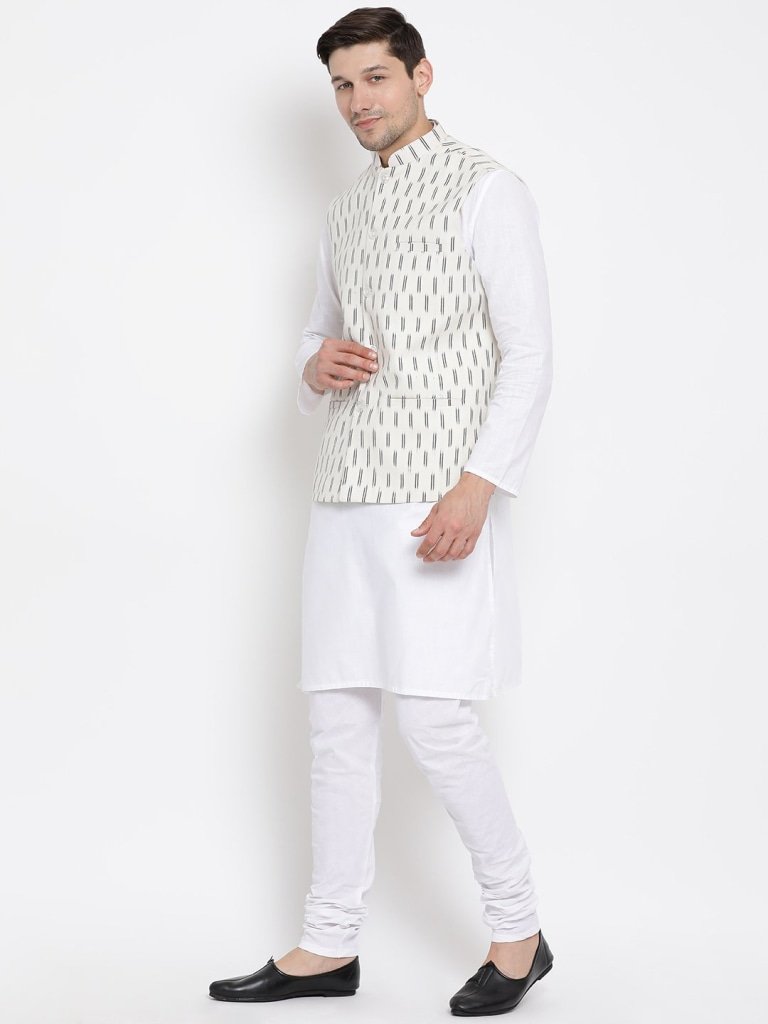 Men's White Cotton Kurta, Ethnic Jacket and Pyjama Set