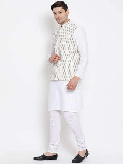 Men's White Cotton Kurta, Ethnic Jacket and Pyjama Set