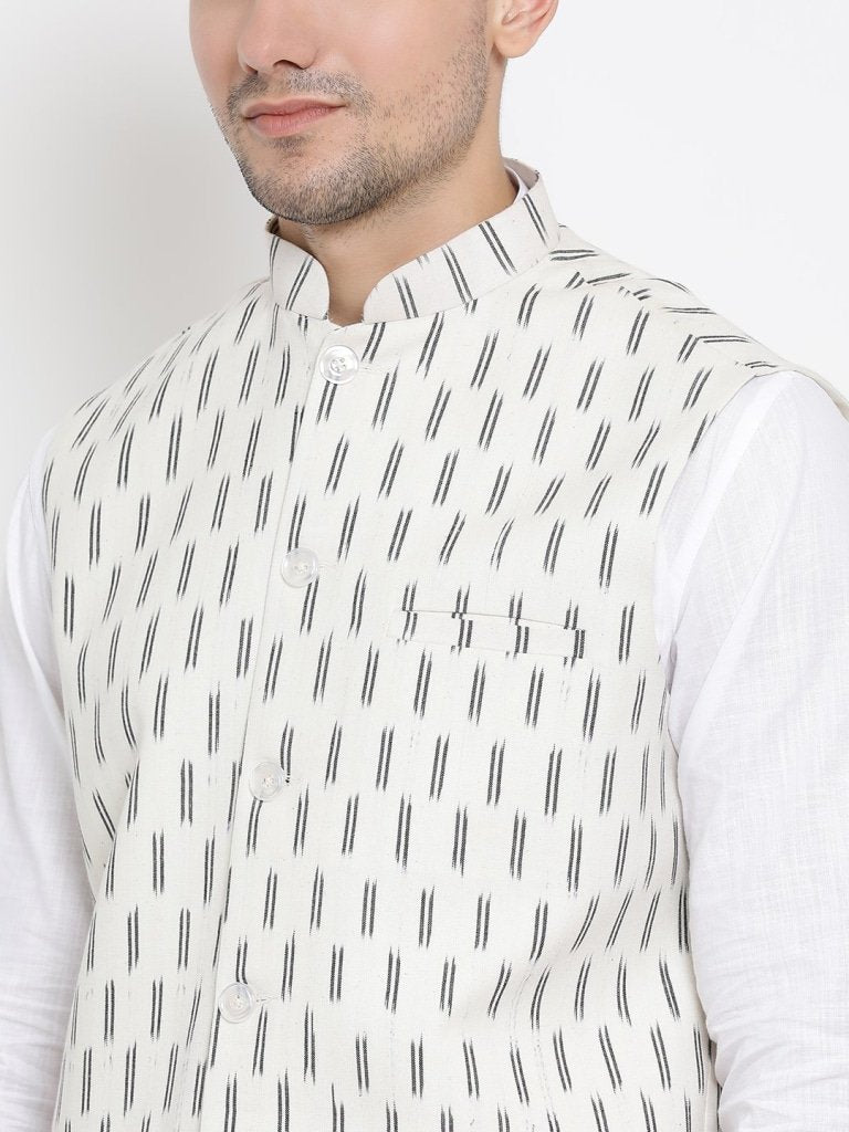 Men's White Cotton Kurta, Ethnic Jacket and Pyjama Set
