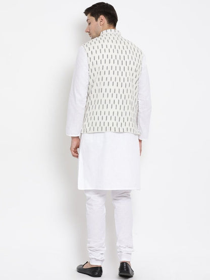 Men's White Cotton Kurta, Ethnic Jacket and Pyjama Set
