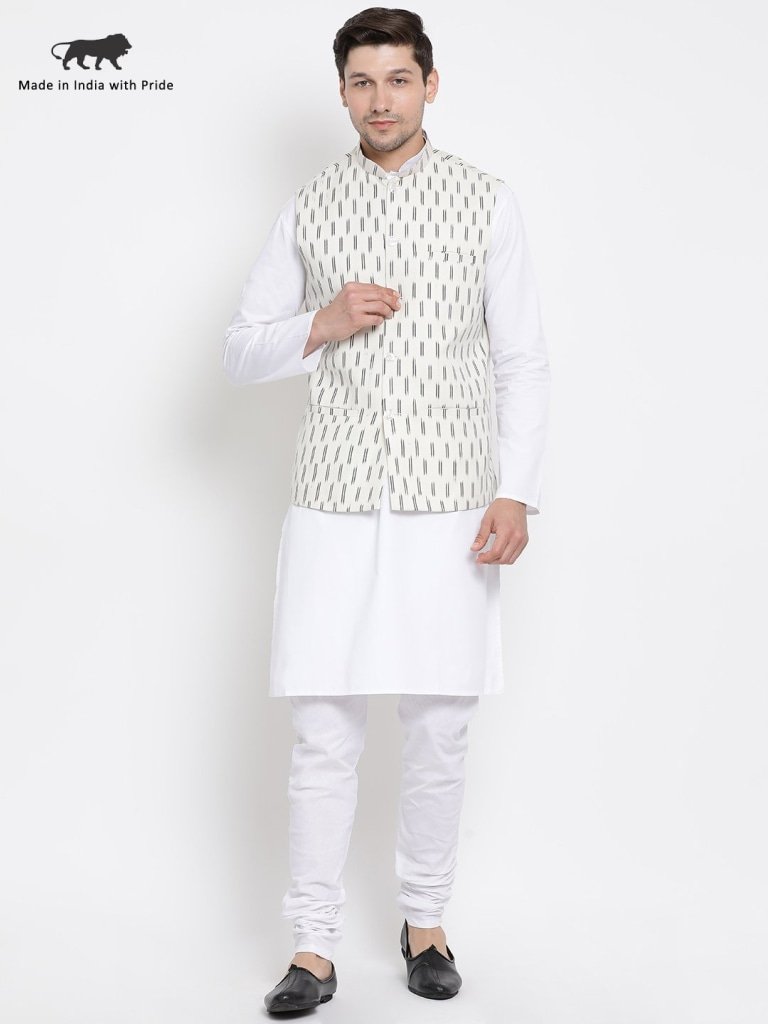 Men's White Cotton Kurta, Ethnic Jacket and Pyjama Set