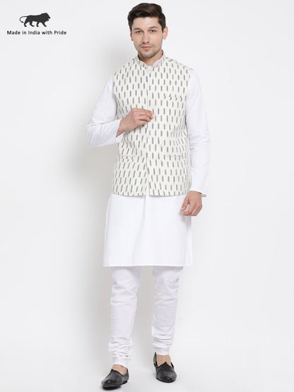 Men's White Cotton Kurta, Ethnic Jacket and Pyjama Set
