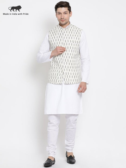 Men's White Cotton Kurta, Ethnic Jacket and Pyjama Set