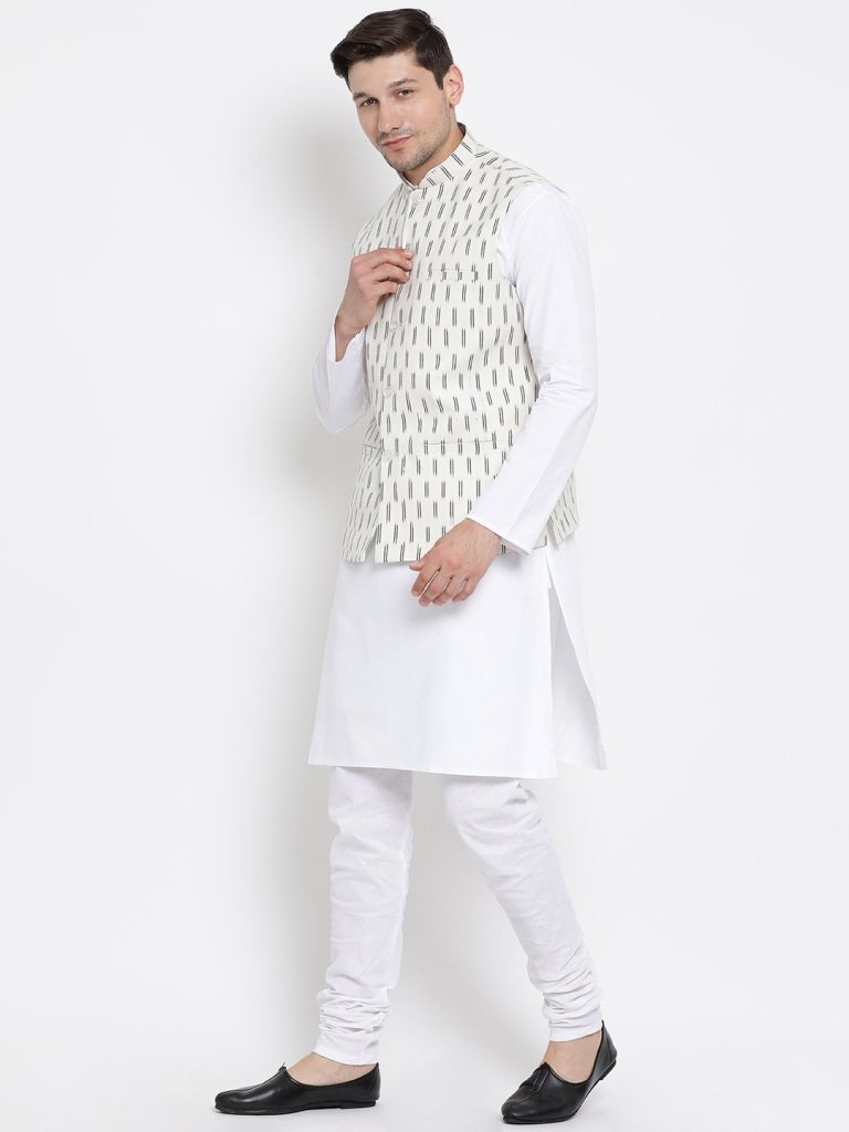 Men's White Cotton Kurta, Ethnic Jacket and Pyjama Set