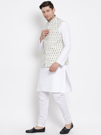 Men's White Cotton Kurta, Ethnic Jacket and Pyjama Set
