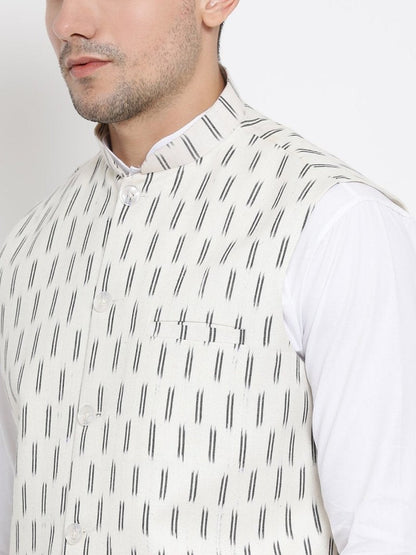Men's White Cotton Kurta, Ethnic Jacket and Pyjama Set