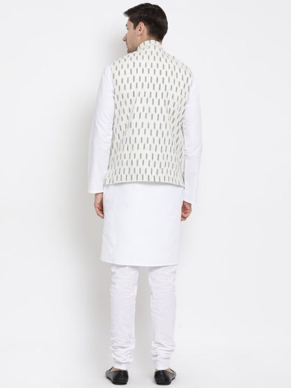 Men's White Cotton Kurta, Ethnic Jacket and Pyjama Set