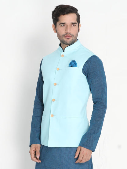 Men's Light Blue Cotton Ethnic Jacket
