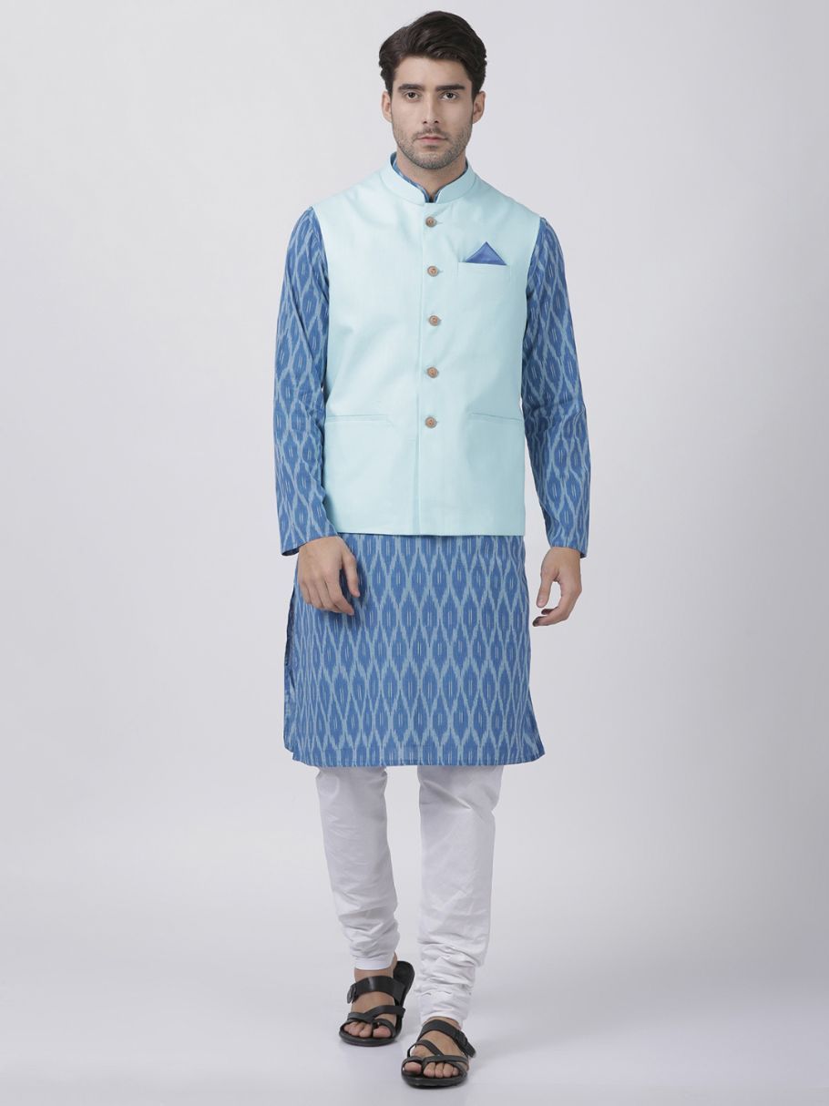 Men's Blue Cotton Blend Ethnic Jacket, Kurta and Dhoti Pant Set