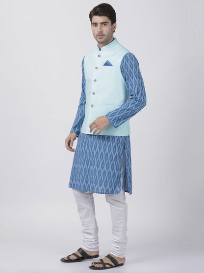 Men's Blue Cotton Blend Ethnic Jacket, Kurta and Dhoti Pant Set