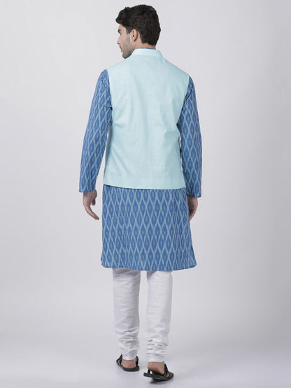 Men's Blue Cotton Blend Ethnic Jacket, Kurta and Dhoti Pant Set