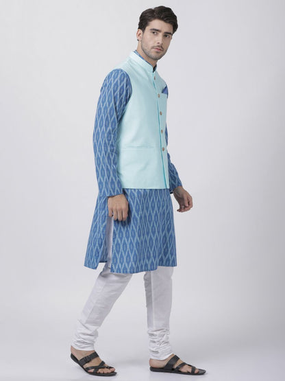 Men's Blue Cotton Blend Ethnic Jacket, Kurta and Dhoti Pant Set