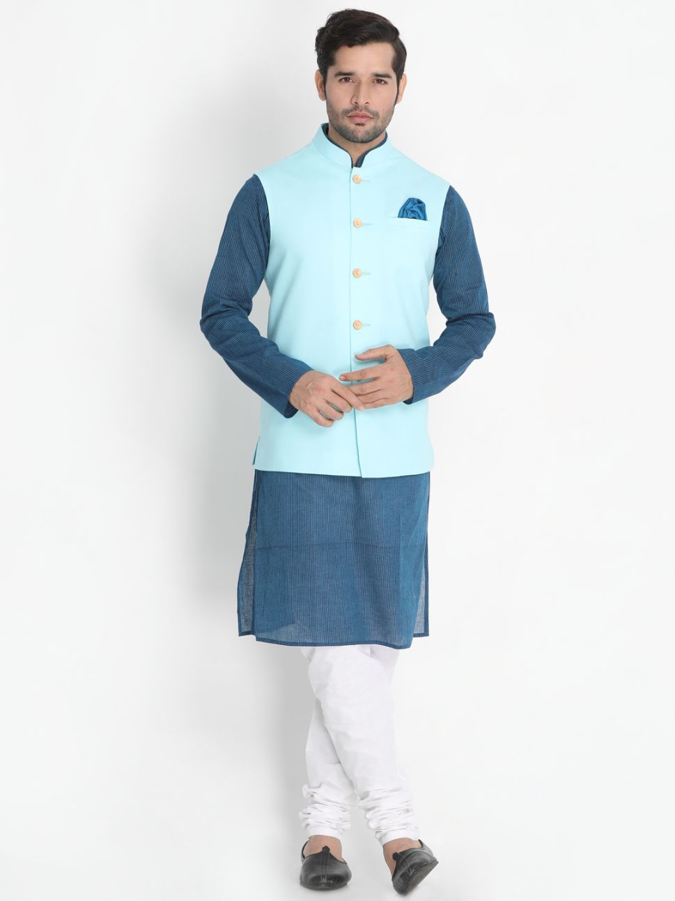 Men's Dark Blue Cotton Blend Kurta, Ethnic Jacket and Pyjama Set