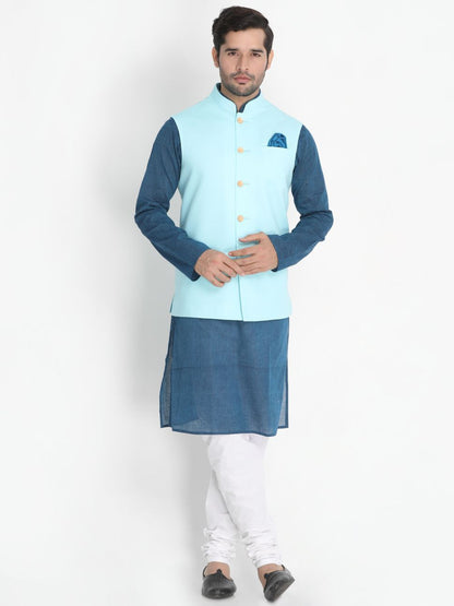 Men's Dark Blue Cotton Blend Kurta, Ethnic Jacket and Pyjama Set
