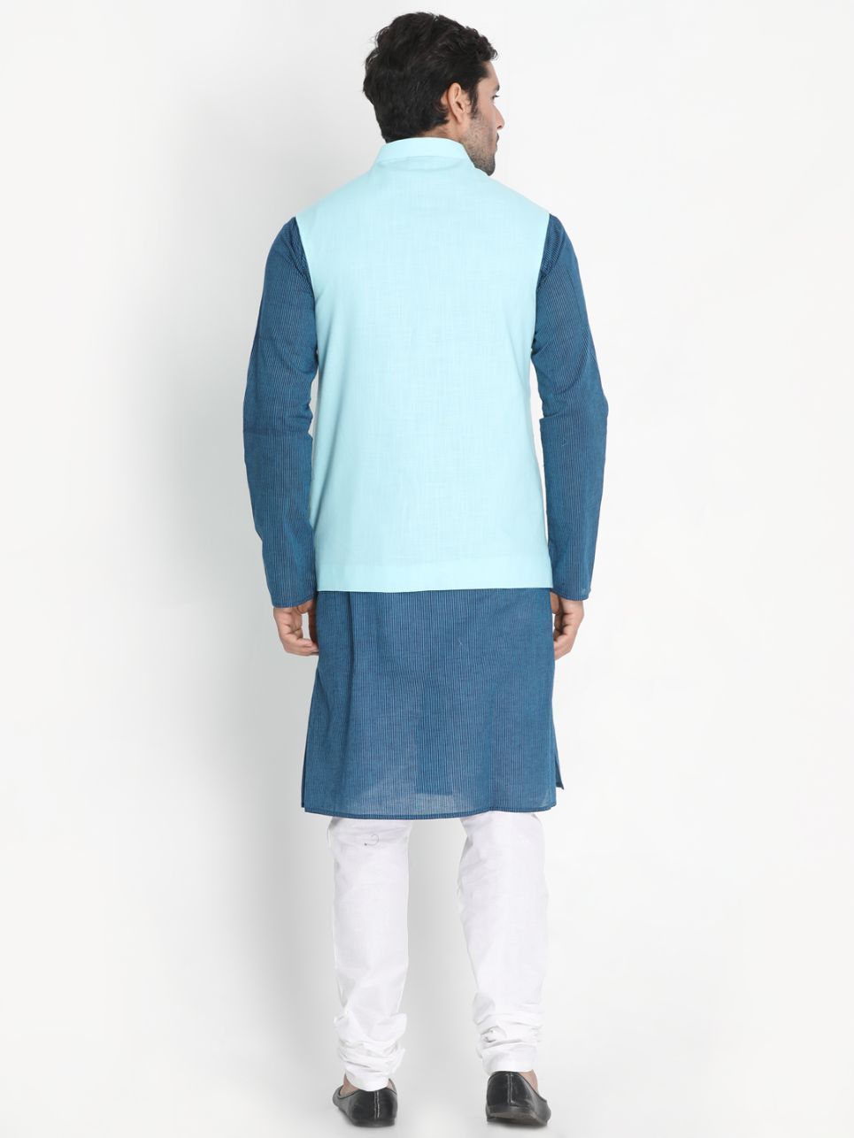 Men's Dark Blue Cotton Blend Kurta, Ethnic Jacket and Pyjama Set