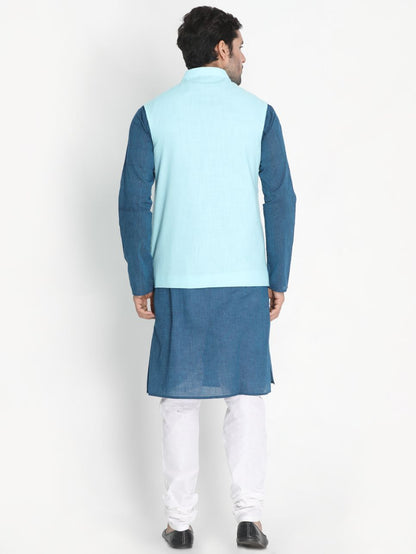 Men's Dark Blue Cotton Blend Kurta, Ethnic Jacket and Pyjama Set