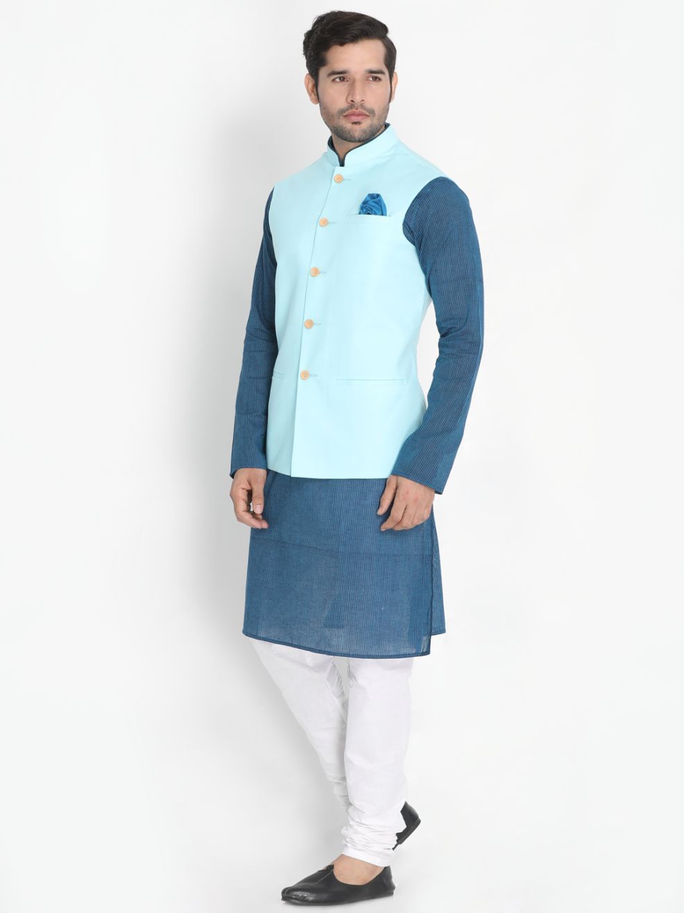 Men's Dark Blue Cotton Blend Kurta, Ethnic Jacket and Pyjama Set