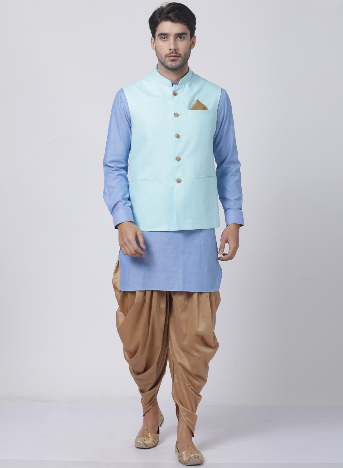 Men's Blue Cotton Blend Ethnic Jacket, Kurta and Dhoti Pant Set