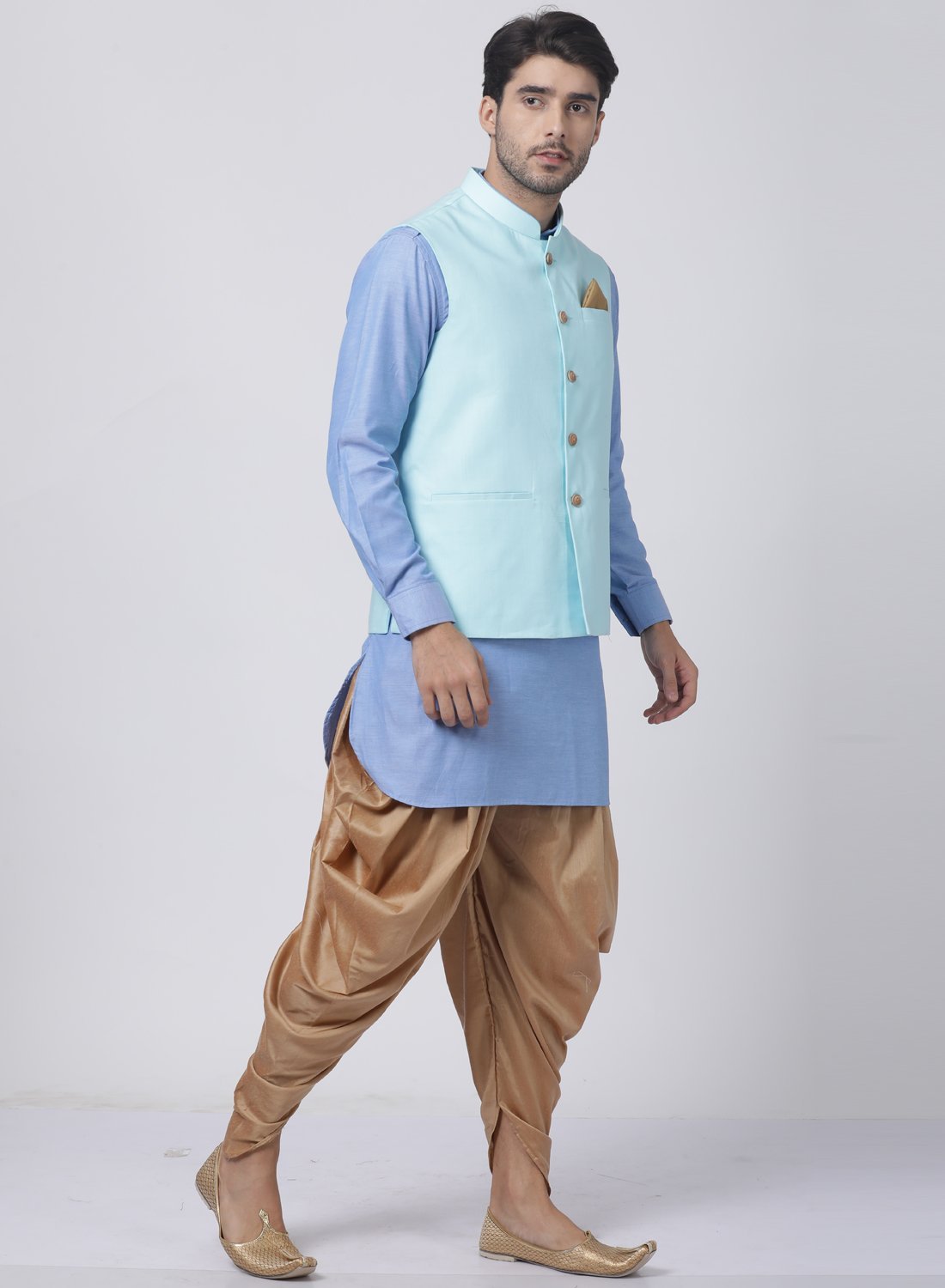 Men's Blue Cotton Blend Ethnic Jacket, Kurta and Dhoti Pant Set