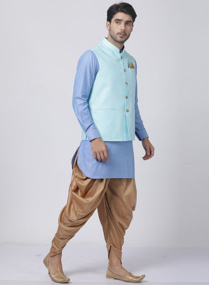 Men's Blue Cotton Blend Ethnic Jacket, Kurta and Dhoti Pant Set